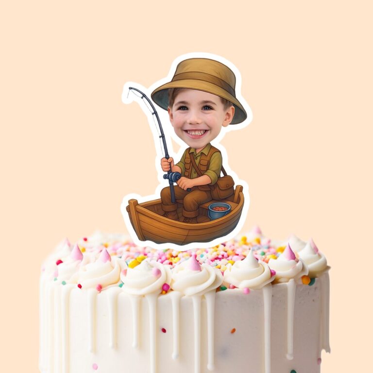 Custom Angler Fishing from a Small Boat Face Cutout – Cake Topper Custom Angler Fishing from a Small Boat Face Cutout shown on a cake topper mockup