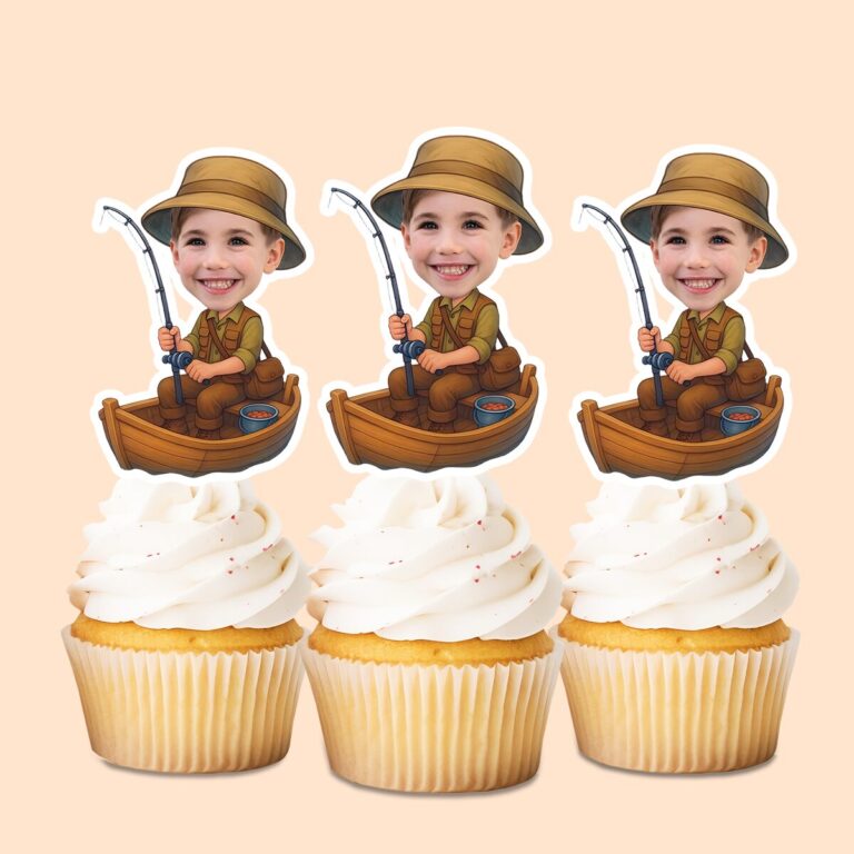 Custom Angler Fishing from a Small Boat Face Cutout – Cupcake Topper Custom Angler Fishing from a Small Boat Face Cutout shown on a cupcake topper mockup