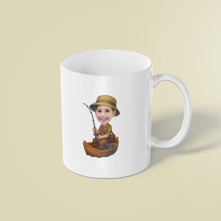 Custom Angler Fishing from a Small Boat Face Cutout – Mug Custom Angler Fishing from a Small Boat Face Cutout shown on a mug mockup