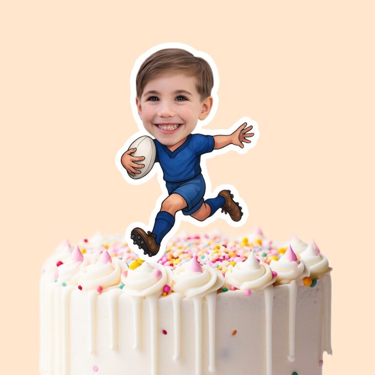 Custom Blue-Uniform White Oval Football Face Cutout – Cake Topper Custom Blue-Uniform White Oval Football Face Cutout shown on a cake topper mockup