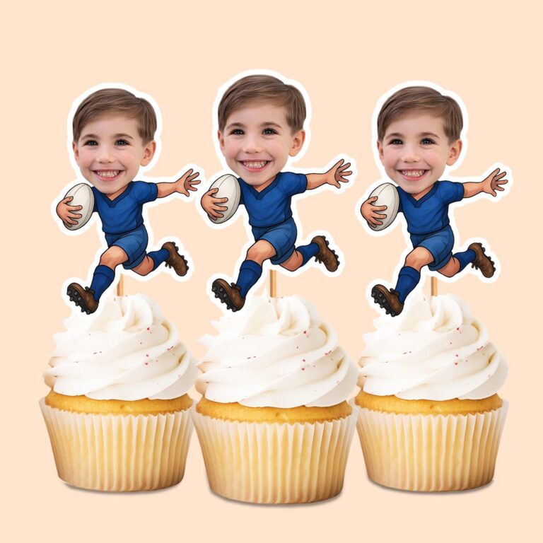 Custom Blue-Uniform White Oval Football Face Cutout – Cupcake Topper Custom Blue-Uniform White Oval Football Face Cutout shown on a cupcake topper mockup