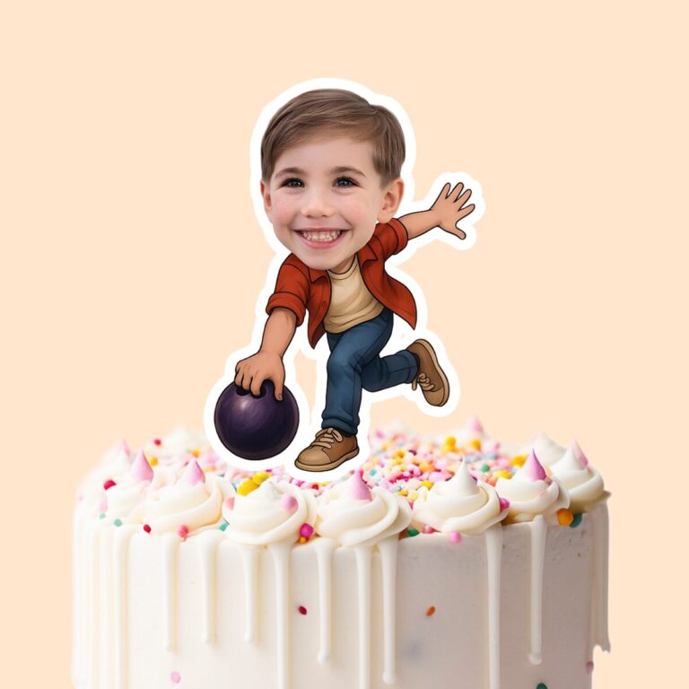 Custom Casual Bowler Carrying a Purple Ball Face Cutout – Cake Topper Custom Casual Bowler Carrying a Purple Ball Face Cutout shown on a cake topper mockup