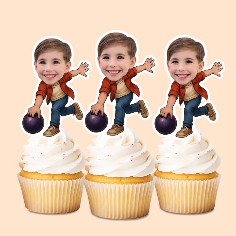Custom Casual Bowler Carrying a Purple Ball Face Cutout – Cupcake Topper Custom Casual Bowler Carrying a Purple Ball Face Cutout shown on a cupcake topper mockup