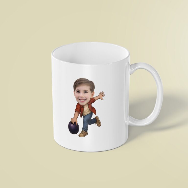Custom Casual Bowler Carrying a Purple Ball Face Cutout – Mug Custom Casual Bowler Carrying a Purple Ball Face Cutout shown on a mug mockup