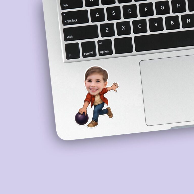 Custom Casual Bowler Carrying a Purple Ball Face Cutout – Sticker Custom Casual Bowler Carrying a Purple Ball Face Cutout shown on a sticker mockup