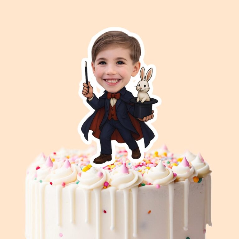 Custom Stage Magician Navy Suit Face Cutout – Cake Topper Custom Stage Magician Navy Suit Face Cutout shown on a cake topper mockup