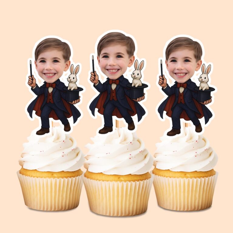 Custom Stage Magician Navy Suit Face Cutout – Cupcake Topper Custom Stage Magician Navy Suit Face Cutout shown on a cupcake topper mockup