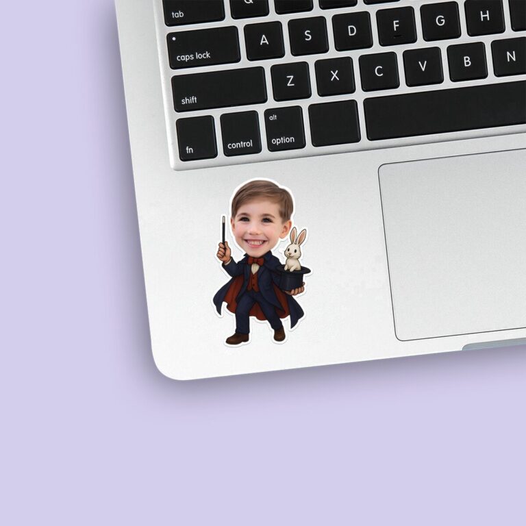 Custom Stage Magician Navy Suit Face Cutout – Sticker Custom Stage Magician Navy Suit Face Cutout shown on a sticker mockup