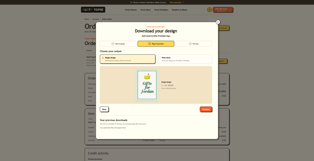 Download settings with PDF selected and a summary showing Single design and 5 × 7 inches.
