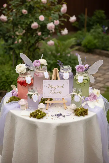Magical Elixirs Drink Table with Fairy Wing Decorations