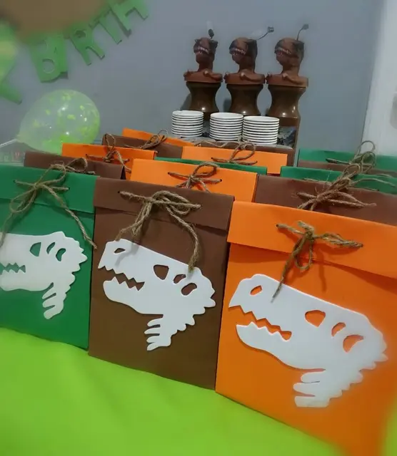 Green, Brown, and Orange Dinosaur Skull Favor Bags