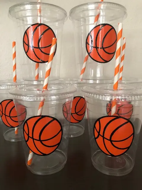 Clear Basketball Party Cups with Orange Striped Straws