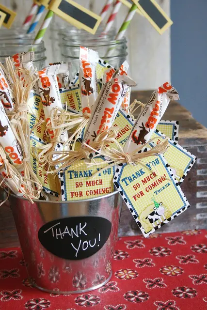 Cow Tales Favor Bucket with Yellow Gingham Tags