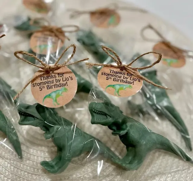 Dinosaur Favor Bags with Twine Bows and Thank-You Tags