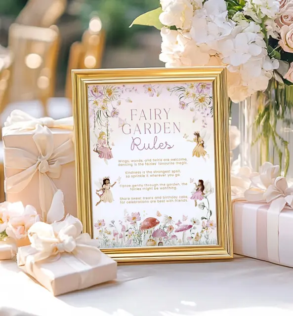 Gold-Framed Fairy Garden Rules Sign with Floral Artwork