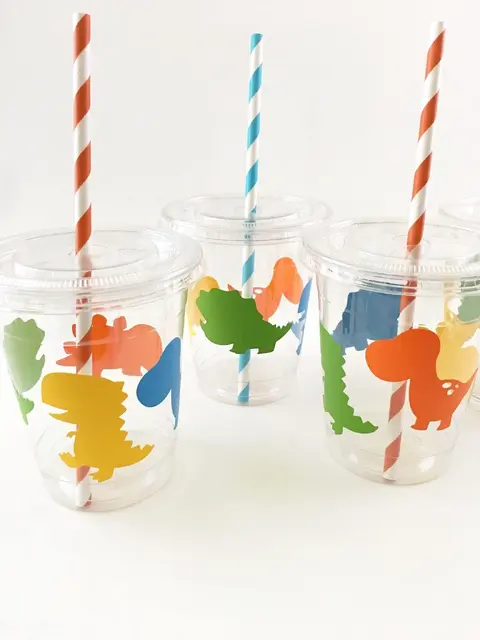 Bright Dinosaur Cups with Orange and Blue Straws
