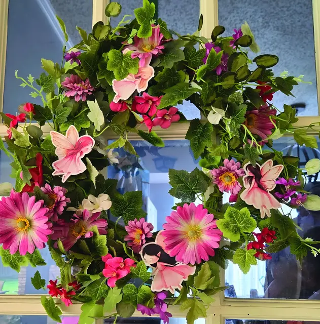 Fairy Wreath with Pink Flowers and Leafy Greenery