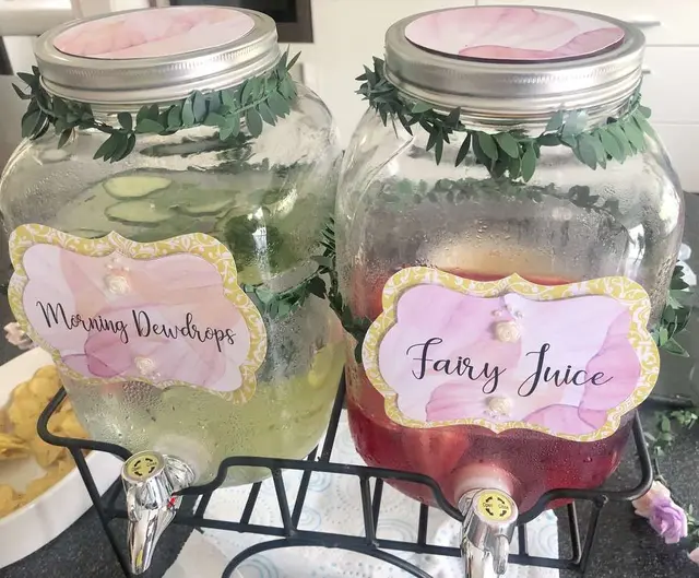 Fairy Drink Dispensers with Layered Labels and Greenery