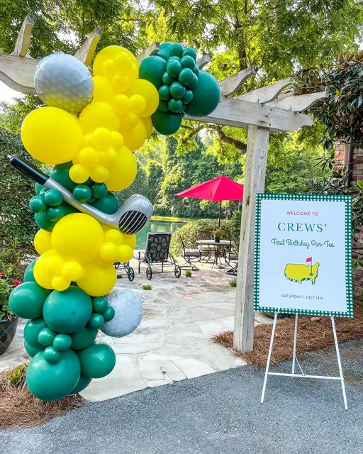 Golf Birthday Entrance with Green and Yellow Balloons