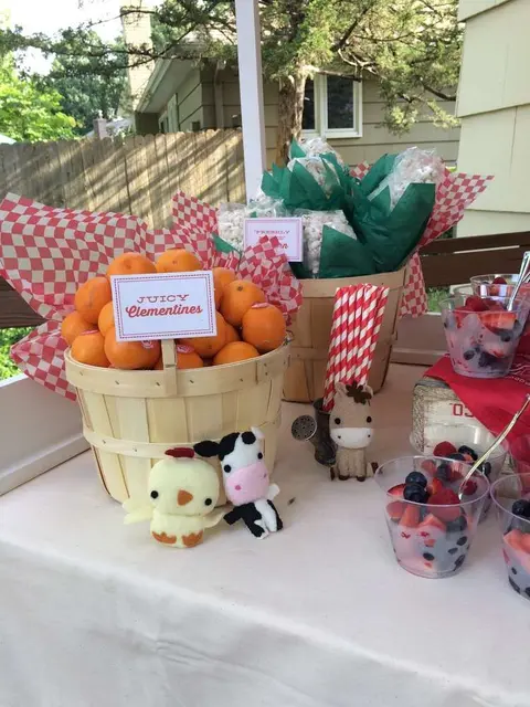 Farm Snack Table with Clementine Baskets and Animal Accents