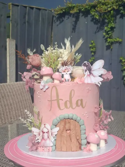 Pink Fairy Cottage Cake with Mushrooms and Woodland Toppers
