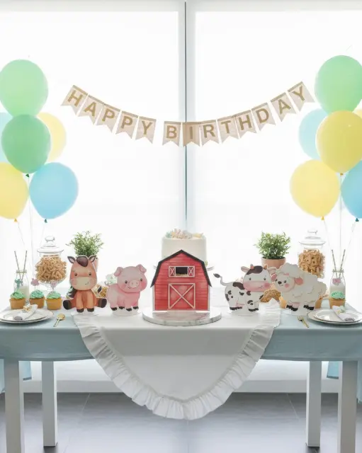 Pastel Farm Party Table with Animal Stand-Up Decorations