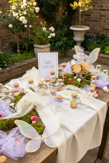 Fairy Favor Table with Corked Bottles and Wing Decorations