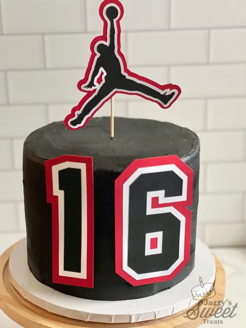 Black Basketball Cake with Red and White Number 16 Decor