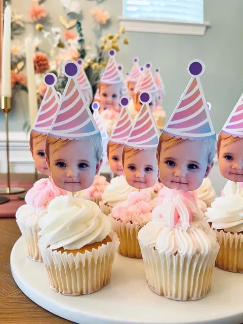 Baby Photo Cupcake Toppers with Pastel Party Hats
