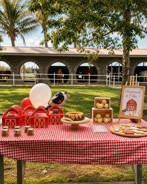 Outdoor Farm Party Table with Red Barn Favor Boxes