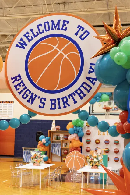 Round Basketball Birthday Welcome Sign with Bold Lettering