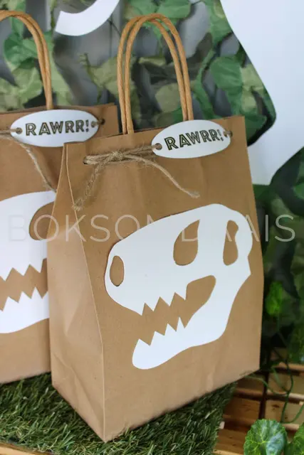 Dinosaur Skull Favor Bags with RAWRR! Tags