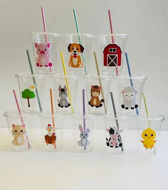 Farm Animal Party Cups with Colorful Striped Straws