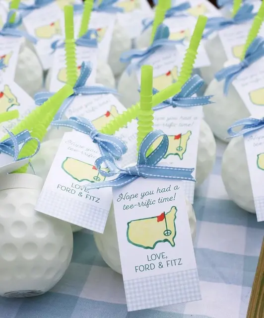 Golf Ball Cup Favors with Blue Bows and Green Straws