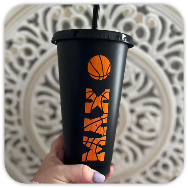 Black Basketball Tumbler with an Orange Name Design