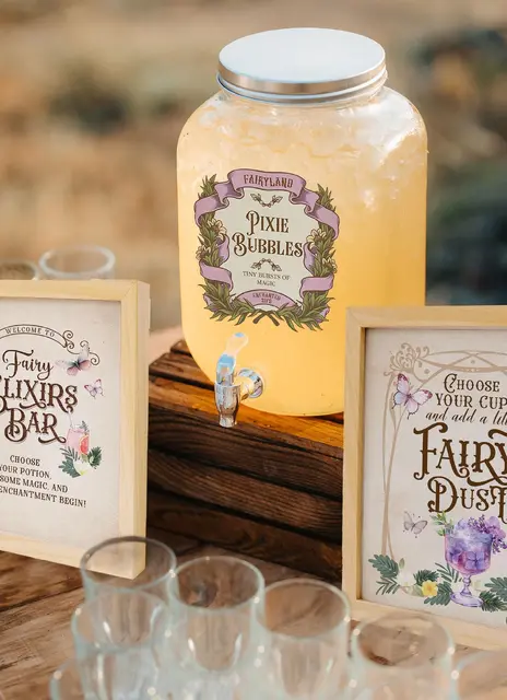 Pixie Bubbles Drink Dispenser with Framed Fairy Bar Signs