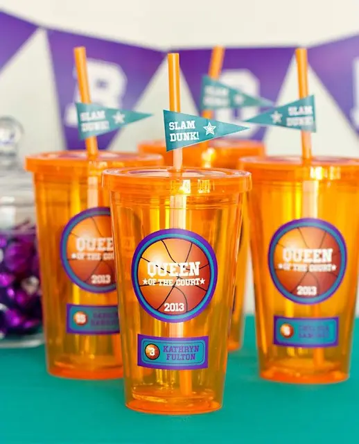 Basketball Cup Labels with Slam Dunk Straw Flags