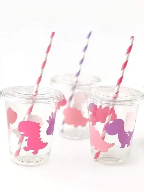 Pink and Purple Dinosaur Cups with Striped Straws