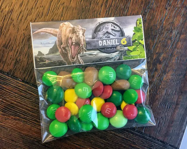 Dinosaur Candy Bag with a Name and Number 6 Topper