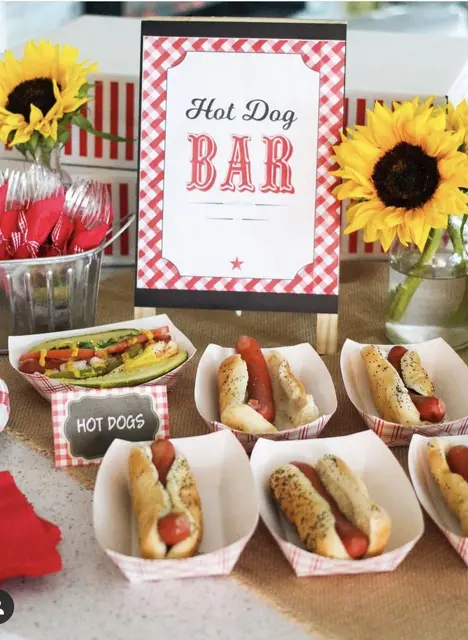 Hot Dog Bar with a Gingham Sign and Sunflowers