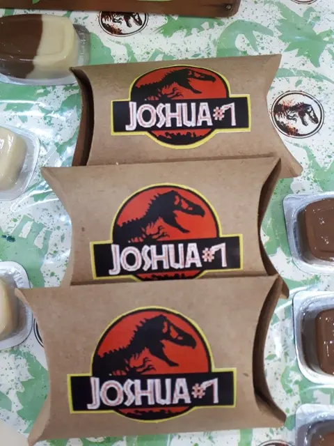 Dinosaur Name Labels on Kraft Pillow Favor Boxes