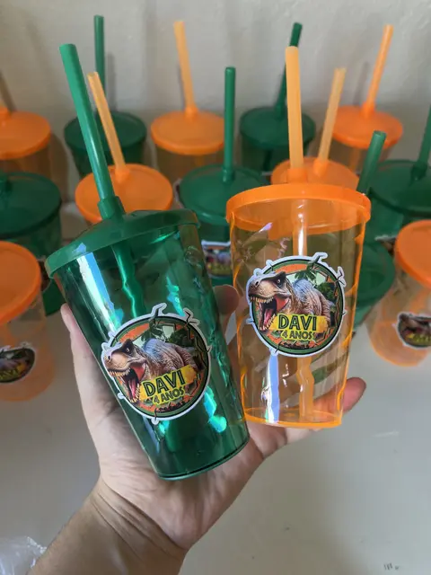 Green and Orange Cups with Dinosaur Name Labels