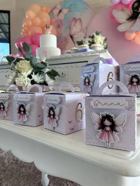 Lavender Fairy Favor Boxes on a White Party Table