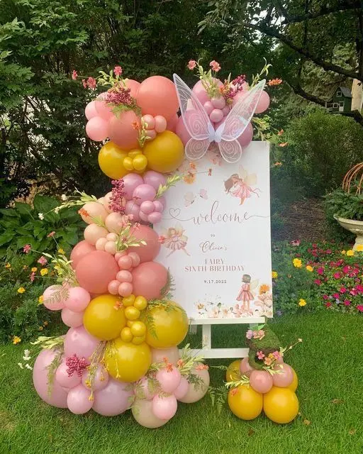 Fairy Birthday Welcome Sign with Pink Balloon Flowers