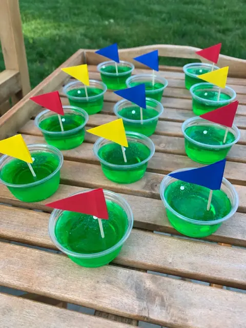 Golf Dessert Cups with Red, Yellow, and Blue Flags