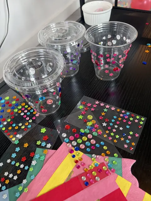 Party Cup Decorating Station with Colorful Gem Stickers