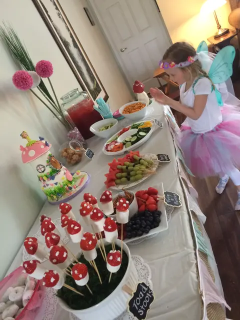 Fairy Party Buffet with Mushroom Treats and a House Cake