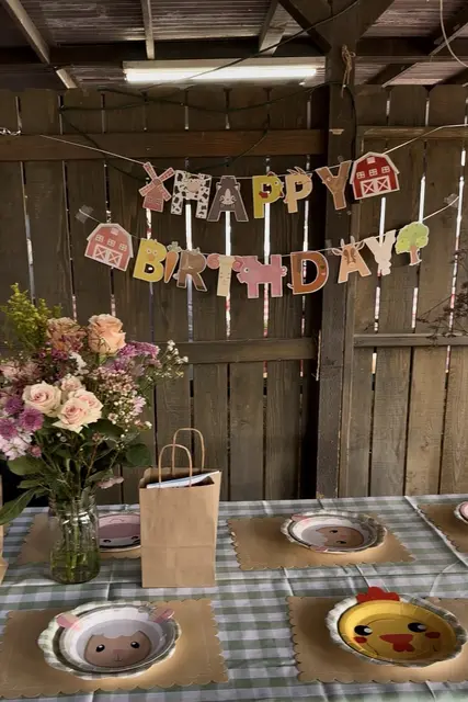 Farm Birthday Banner with Sage Gingham Table Settings