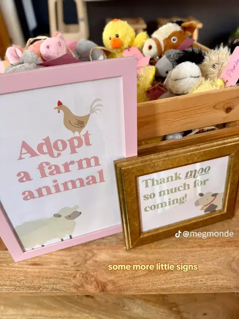 Farm Animal Adoption Signs with Pink and Wood Frames