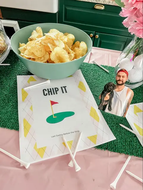 Golf Party Chip Station with Pink and Green Table Decor